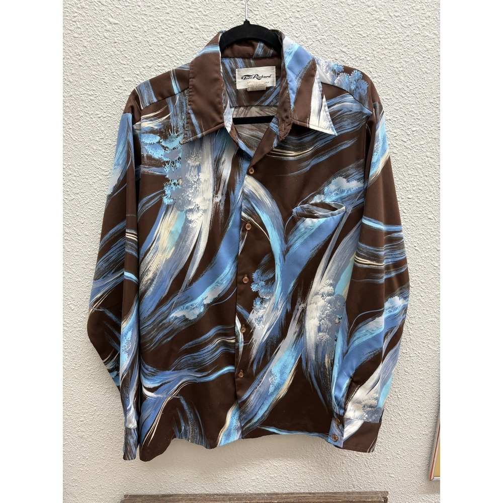 Vintage Tori Richard Mens Aloha Hawaiian Shirt Dagger Collar Art Brown Blue Wave